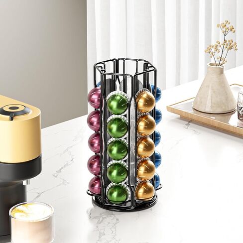 SEVENLINE Coffee Pod Holder – Compatible with Nespresso Vertuo Pods,Storage For 30 Pods Vertuoline Capsules Rotating Stand Carousel Organizer Rack (Black) in Saudi Arabia