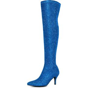 Allegra K Women's Glitter Pointed Toe Stiletto Heels Over the Knee High Boots