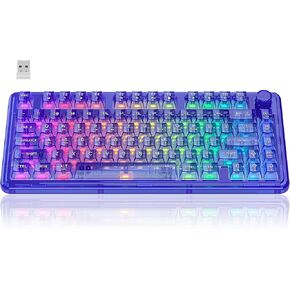 Wireless Mechanical Gaming Keyboard, Full Transparent RGB Backlit 80 Keys Gasket Hot Swap Linear Switch Quiet Keyboard with Multimedia Knob, 4000mAh Battery, 3 Modes BT5.0/2.4G/USB-C for WIN/MAC, Blue