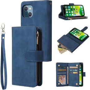 UEEBAI Wallet Case for iPhone 13 6.1 inch, Premium Vintage PU Leather Magnetic Closure Handbag Zipper Pocket Case Kickstand Card Holder Slots with Wrist Strap TPU Shockproof Flip Case - Dark Green