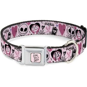 Disney Pet Collar, Dog Collar Metal Seatbelt Buckle, The Nightmare Before Christmas Jack and Sally Doodles Pink, 15 to 24 Inches 1.0 Inch Wide