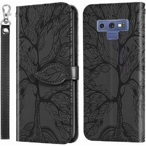 MEUPZZK Wallet Case for Samsung Galaxy Note 9, Embossed Tree Premium PU Leather [Folio Flip][Kickstand][Card Slots][Wrist Strap][6.4 inch] Phone Cover for Samsung Galaxy Note 9 (R-Black)