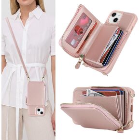 for iPhone 12 Case with Card Holder for Women,iPhone 12 Crsosbody Case with Strap Lanyard,12 Pro Wallet Case,Zipper Stand Ring Phone Case with Coin Pocket-Black