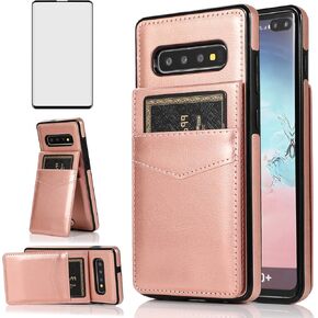 Phone Case for Samsung Galaxy S10 Plus with Tempered Glass Screen Protector Credit Card Holder Wallet Cover Stand Leather Cell Glaxay S10+ Galaxies S10plus 10S Edge S 10 10plus Cases Women Men Green