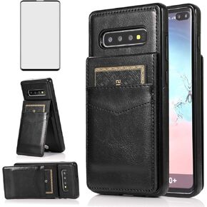 Phone Case for Samsung Galaxy S10 Plus with Tempered Glass Screen Protector Credit Card Holder Wallet Cover Stand Leather Cell Glaxay S10+ Galaxies S10plus 10S Edge S 10 10plus Cases Women Men Green