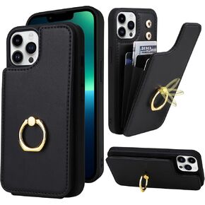 TopPerfekt Compatible with iPhone 14 Pro Max Wallet Case with Card Holder, 360°Rotation Finger Ring Holder Kickstand Protective RFID Blocking PU Leather Pattern Double Buttons 6.7" Black Grey Leopard