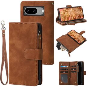 RANYOK Compatible with Google Pixel 8 Wallet Case, Premium PU Leather Zipper Flip Folio Wallet RFID Blocking with Wrist Strap Magnetic Closure Built-in Kickstand Protective Case -Wine Red