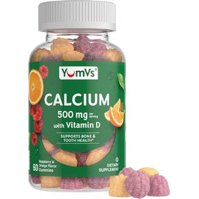 Calcium with Vitamin D3 Gummies by YumVs | Daily Dietary Supplement for Adults and Kids | Calcium 500mg + Vitamin D 1000IU | Natural Orange & Strawberry Flavor Gummies, 60-Count | Kosher