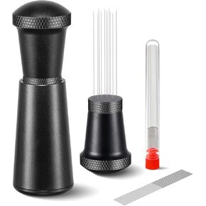 WDT Espresso Distribution Tool,10 x 0.35mm 304 Stainless Steel Needles Installed with 10 Extra needles for Espresso Stirrer Replacement, Aluminum Alloy Handle with Stand (Black)