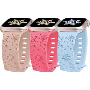 Wearlizer 3 Packs Snowflakes Engraved Bands Compatible with Apple Watch Band 41/40/38/42/45/44/46/49mm Women, Soft Silicone Holiday Sport Strap for Ultra/Ultra 2 Series 10 9 8 7 6 5 4 3 2 1 SE