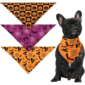 Halloween Reversible Dog Triangle Bandanas Bat, Pumpkin, Witch Hat & Candy Pattern Doggie Scarf Halloween Adjustable Dog Bib for Small, Medium, and Large Dogs (3 PCS)