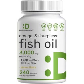 DHA Supplements | 240 Softgels, Burpless, Lemon Flavor, DHA 1000mg + EPA 500mg, Wild Caught Fish, Rich in Omega-3s, Mercury Free, Non-GMO, Support Brain Heart & Joint Health