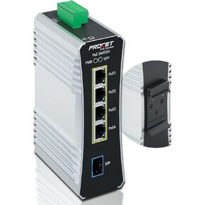Procet Gigabit PoE Switch 4-Port Din Rail, 90W/Port, Industrial PoE++ Fiber Media Converter with Wide Temp -40°F to 149°F, SFP Slot, IEEE802.3af/802.3at/802.3bt, PT-PIS4PB1S