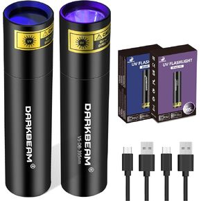 DARKBEAM UV Flashlight 365nm Light and 395nm Blacklight, Mini Powerful Woods Lamp USB-C Rechargeable, LED Ultraviolet Flashlights Pet Urine Detector for Rock, Uranium Glass, Resin Curing, 2 Pack