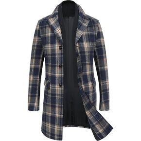 COOFANDY Men's Wool Blend Coat with Detachable Plaid Scarfs Notched Collar Single Breasted Pea Coat