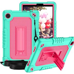 for TCL Tab 8 V/Tab 8 SE (6048E) Tablet Case Soft Silicone Rubber Heavy Duty Hybrid Had Back Shell Protection Shockproof Kids Friendly with Built in Stand Shoulder Strap (Black+Black)