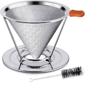 Pour Over Coffee Dripper, Stainless Steel Coffee Filter Reusable Pour Over Coffee Filter Cone Coffee Dripper with Removable Cup Stand and Bonus Brush