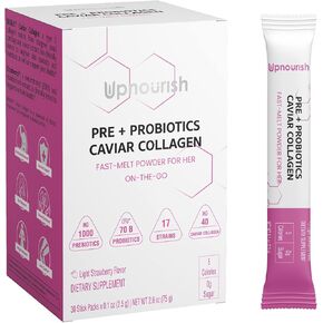 UpNourish Prebiotics, Probiotics and Caviar Collagen for Women's Digestive & Weight Wellness, Skin Radiance, Joint Mobility, Feminine Health with Cranberry Extract & D-Mannose, 30 Fast-melt Packets