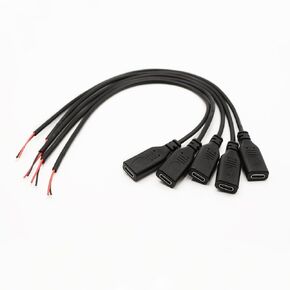 USB C Power Pigtail Cable 1FT 24AWG 5V 3A USB Type-C Female Plug to 2 Pin Bare Wire Open End Power Pigtail Cord DIY, Black (5Pcs)