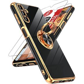 حافظة هاتف LeYi لهاتف Samsung Galaxy A13-5G: واقي شاشة من الزجاج المقوى، حامل حلقي قابل للدوران 360 درجة، مسند مغناطيسي، حافظة واقية بحافة ذهبية وردية، أسود