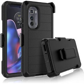 Njjex For Moto Edge 2022 Case, For Motorola Moto Edge 5G UW 2022 Case with Belt Clip Holster, Built-in Screen Protector Heavy Duty Shockproof Locking Swivel Holster Kickstand Hard Phone Cover [Orange]