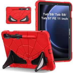 Shockproof Kids Case for Galaxy Tab S9/S9 FE/S8/S7, Heavy Duty Rugged Tough Silicone with Multi-Angle Viewing Stand & S Pen Holder for Boys Samsung Galaxy Tab S9/S9 FE/S8/S7 (Red+Black)