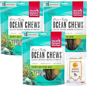 Aurora Pet Bundle Pack (3) Grain Free Ocean Chews Wolfish Skins Dehydrated Dog Treats (Small Chews - 3.25 oz Bags) with AuroraPet Wipes