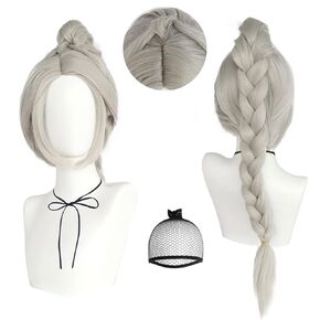 JoneTing Shadowheart Wig for Women【+Wig Cap】 Long Silver Wig with Baided Ponytail Shadowheart Cosplay wig Silver Ponytail Wig for Cosplay Party Long Braided Wig Costume Outfit Long Wigs for Halloween
