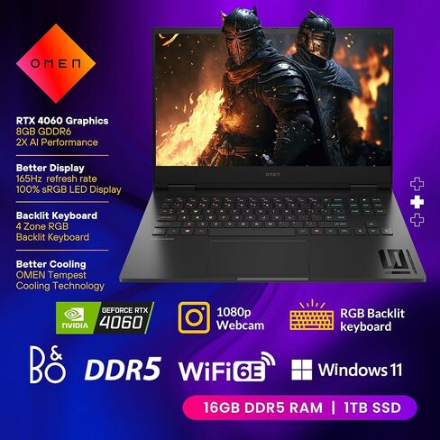 كمبيوتر محمول HP OMEN 16 للألعاب، شاشة 16.1 بوصة 165 هرتز FHD، Core i9 13900HX(24 نواة، 5.40 جيجاهرتز)، GeForce RTX 4060، لوحة مفاتيح بإضاءة خلفية RGB، Wi-Fi 6E، Bang & Olufsen، Windows 11 Home، أسود (32 جيجابايت DDR5 RAM | 1 تيرابايت اس اس دي) in Saudi Arabia