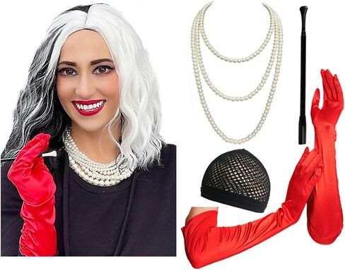 Cizoe Cruella Deville Costume Women Accessories,Halloween Red Gloves Costume,Necklace,Bracelet for 1920s Accessories(A-Gloves set) in Saudi Arabia