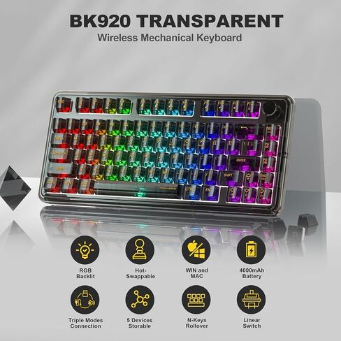 لوحة مفاتيح ألعاب ميكانيكية لاسلكية، لوحة مفاتيح هادئة بإضاءة خلفية RGB شفافة كاملة 80 مفتاحًا، مفتاح خطي قابل للتبديل السريع مع مقبض وسائط متعددة، بطارية 4000 مللي أمبير في الساعة، 3 أوضاع BT5.0/2.4G/USB-C لـ WIN/MAC، أزرق in Kuwait