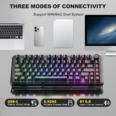 لوحة مفاتيح ألعاب ميكانيكية لاسلكية، لوحة مفاتيح هادئة بإضاءة خلفية RGB شفافة كاملة 80 مفتاحًا، مفتاح خطي قابل للتبديل السريع مع مقبض وسائط متعددة، بطارية 4000 مللي أمبير في الساعة، 3 أوضاع BT5.0/2.4G/USB-C لـ WIN/MAC، أزرق in Kuwait