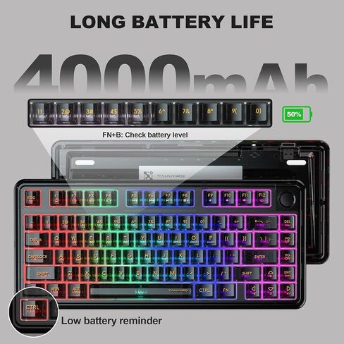 لوحة مفاتيح ألعاب ميكانيكية لاسلكية، لوحة مفاتيح هادئة بإضاءة خلفية RGB شفافة كاملة 80 مفتاحًا، مفتاح خطي قابل للتبديل السريع مع مقبض وسائط متعددة، بطارية 4000 مللي أمبير في الساعة، 3 أوضاع BT5.0/2.4G/USB-C لـ WIN/MAC، أزرق in Kuwait