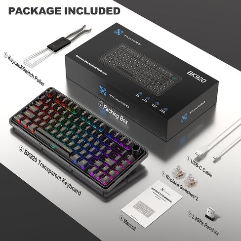 لوحة مفاتيح ألعاب ميكانيكية لاسلكية، لوحة مفاتيح هادئة بإضاءة خلفية RGB شفافة كاملة 80 مفتاحًا، مفتاح خطي قابل للتبديل السريع مع مقبض وسائط متعددة، بطارية 4000 مللي أمبير في الساعة، 3 أوضاع BT5.0/2.4G/USB-C لـ WIN/MAC، أزرق in Kuwait