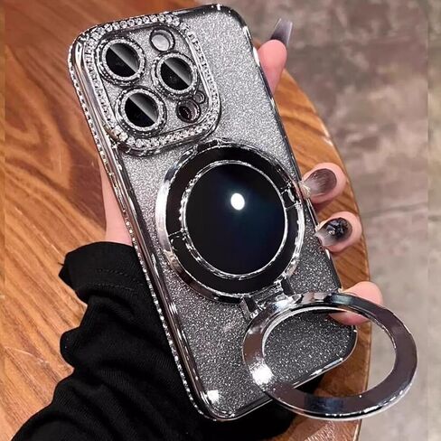 حافظة لامعة بمسند مغناطيسي لهاتف iPhone 16 Pro Max، [متوافقة مع Magsafe] حجر الراين اللامع مع واقي الكاميرا ومرآة مكياج للنساء والفتيات لهاتف iPhone 16 Pro Max 6.9 بوصة، فضي in Saudi Arabia