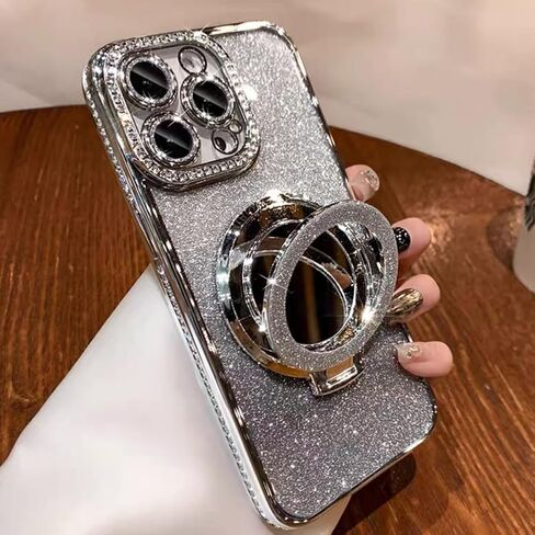حافظة لامعة بمسند مغناطيسي لهاتف iPhone 16 Pro Max، [متوافقة مع Magsafe] حجر الراين اللامع مع واقي الكاميرا ومرآة مكياج للنساء والفتيات لهاتف iPhone 16 Pro Max 6.9 بوصة، فضي in Saudi Arabia