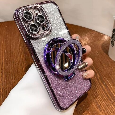 حافظة لامعة بمسند مغناطيسي لهاتف iPhone 16 Pro Max، [متوافقة مع Magsafe] حجر الراين اللامع مع واقي الكاميرا ومرآة مكياج للنساء والفتيات لهاتف iPhone 16 Pro Max 6.9 بوصة، فضي in Saudi Arabia