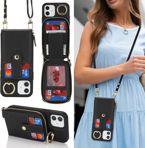 for iPhone 12 Case with Card Holder for Women,iPhone 12 Crsosbody Case with Strap Lanyard,12 Pro Wallet Case,Zipper Stand Ring Phone Case with Coin Pocket-Black in Saudi Arabia