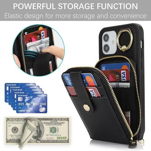 for iPhone 12 Case with Card Holder for Women,iPhone 12 Crsosbody Case with Strap Lanyard,12 Pro Wallet Case,Zipper Stand Ring Phone Case with Coin Pocket-Black in Saudi Arabia