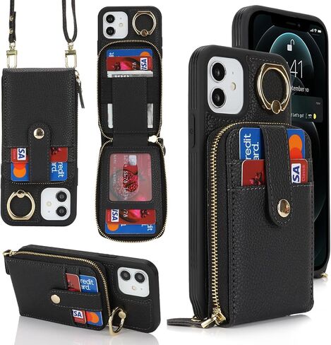 for iPhone 12 Case with Card Holder for Women,iPhone 12 Crsosbody Case with Strap Lanyard,12 Pro Wallet Case,Zipper Stand Ring Phone Case with Coin Pocket-Black in Saudi Arabia