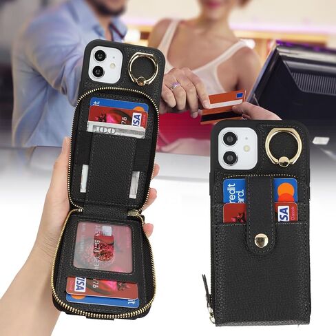 for iPhone 12 Case with Card Holder for Women,iPhone 12 Crsosbody Case with Strap Lanyard,12 Pro Wallet Case,Zipper Stand Ring Phone Case with Coin Pocket-Black in Saudi Arabia