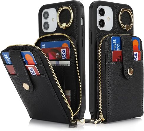 for iPhone 12 Case with Card Holder for Women,iPhone 12 Crsosbody Case with Strap Lanyard,12 Pro Wallet Case,Zipper Stand Ring Phone Case with Coin Pocket-Black in Saudi Arabia
