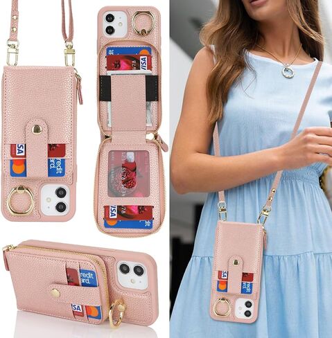 for iPhone 12 Case with Card Holder for Women,iPhone 12 Crsosbody Case with Strap Lanyard,12 Pro Wallet Case,Zipper Stand Ring Phone Case with Coin Pocket-Black in Saudi Arabia