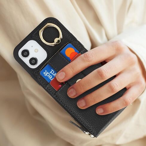 for iPhone 12 Case with Card Holder for Women,iPhone 12 Crsosbody Case with Strap Lanyard,12 Pro Wallet Case,Zipper Stand Ring Phone Case with Coin Pocket-Black in Saudi Arabia