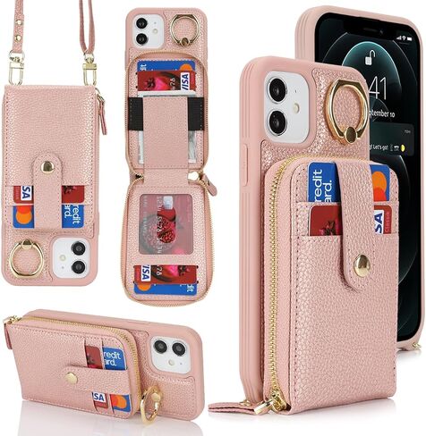 for iPhone 12 Case with Card Holder for Women,iPhone 12 Crsosbody Case with Strap Lanyard,12 Pro Wallet Case,Zipper Stand Ring Phone Case with Coin Pocket-Black in Saudi Arabia