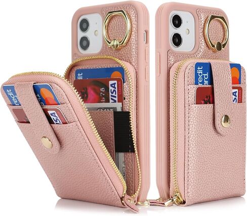 for iPhone 12 Case with Card Holder for Women,iPhone 12 Crsosbody Case with Strap Lanyard,12 Pro Wallet Case,Zipper Stand Ring Phone Case with Coin Pocket-Black in Saudi Arabia