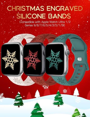 Wearlizer 3 Packs Snowflakes Engraved Bands Compatible with Apple Watch Band 41/40/38/42/45/44/46/49mm Women, Soft Silicone Holiday Sport Strap for Ultra/Ultra 2 Series 10 9 8 7 6 5 4 3 2 1 SE in Kuwait