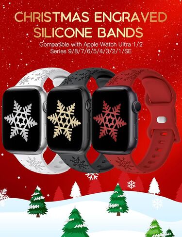 Wearlizer 3 Packs Snowflakes Engraved Bands Compatible with Apple Watch Band 41/40/38/42/45/44/46/49mm Women, Soft Silicone Holiday Sport Strap for Ultra/Ultra 2 Series 10 9 8 7 6 5 4 3 2 1 SE in Kuwait