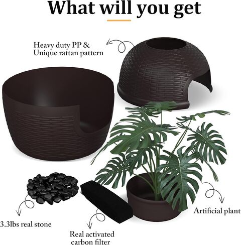 Cat House with Plant by Keygarzone, Plastic Cat Bed House with Rattan Pattern, Cat Cave with Carbon Filter, Cat Houses for Indoor Cats, Easy Assemble & Clean, Brown in Saudi Arabia