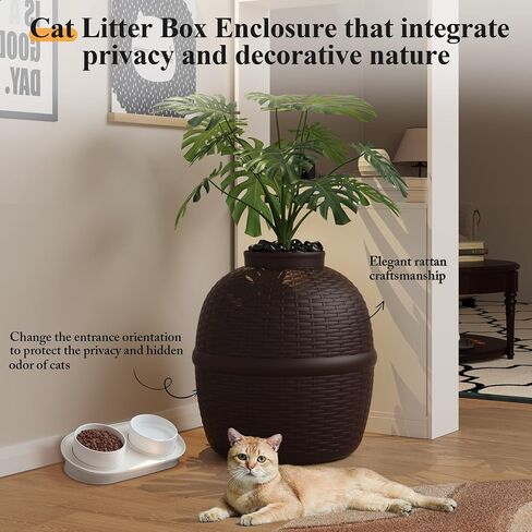 Cat House with Plant by Keygarzone, Plastic Cat Bed House with Rattan Pattern, Cat Cave with Carbon Filter, Cat Houses for Indoor Cats, Easy Assemble & Clean, Brown in Saudi Arabia